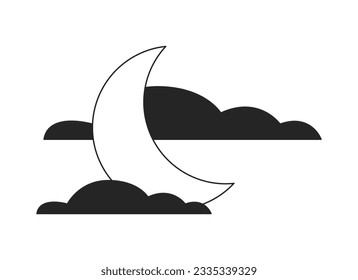 Moonlit night flat monochrome isolated vector object. Crescent covered by clouds. Editable black and white line art drawing. Simple outline spot illustration for web graphic design