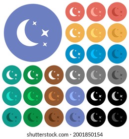 Iconos planos multicolores de noche iluminados por la luna en fondos redondos. Se incluyeron variaciones de iconos blancos, claros y oscuros para efectos de movimiento y estado activo, y tonos extra.