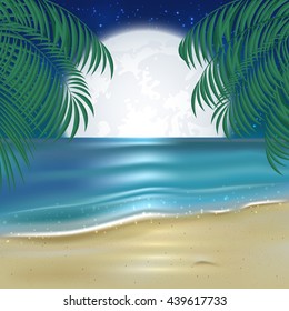 Moonlit night on the beach, tropical background with fool Moon, sparkling ocean, sandy beach and palm leaves, illustration.