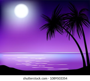 Moonlit night on a sea beach with palm trees vector illustration