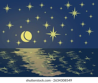Moonlit night over the sea - starry sky and reflection in the water. The magic of night nature. EPS 10.