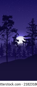 Moonlit night in a pine forest. Vector illustration of the outline of pine trees against the background of a bright moon and starry sky. Sketch for creativity.