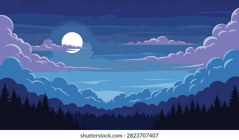 Moonlit night vector landscape featuring a full white moon in a starry dark blue sky with stylized layered clouds over a silhouette of a pine forest tree line at midnight.