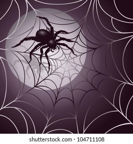 Moonlit Spider and Web Halloween background design . AI 10 .eps contains radial gradients and transparency.