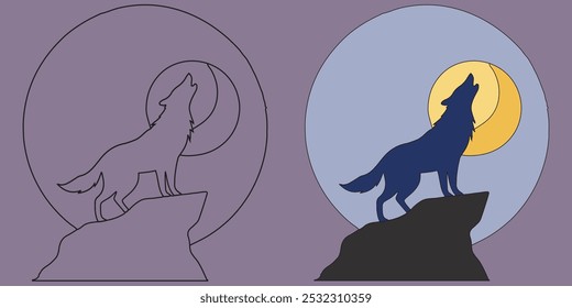 Moonlit Wolf on the Cliff Silhouette. This design features a wolf howling at the full moon, captured in a simple yet striking silhouette against a nighttime backdrop.