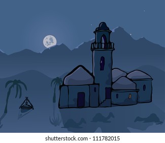 Moonrise over the mountains and oasis in the African desert
