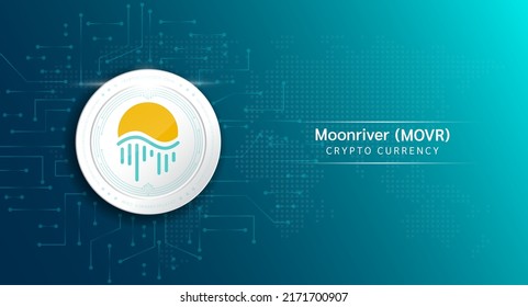 Moonriver coin cryptocurrency token symbol. Crypto currency with stock market investment trading. Coin icon on dark background. Economic trends finance concept. 3D Vector illustration.