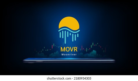 Moonriver cryptocurrency symbol come out from smartphone with growth chart. Trading crypto currency on application. Financial investment banner for news or website. Icon coin token vector EPS10.