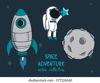 Moon,rocket and little funny astronaut who keeps the star..Cartoon childish vector illustration