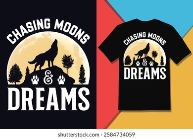 Moons Chasing And Dreams, Mystical Wolf TShirt Design And Vector Graphic for Wild Spirit Lovers