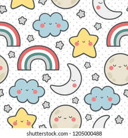 Moons Clouds Rainbows and Stars Cute Seamless Pattern, Cartoon Vector Illustration, Nursery Background for Kid