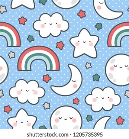 Moons Clouds Rainbows and Stars Cute Seamless Pattern, Cartoon Vector Illustration, Nursery Background for Kid