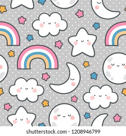 Moons Clouds Rainbows and Stars Cute Seamless Pattern, Cartoon Vector Illustration, Nursery Background for Kid