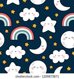 Moons Clouds Rainbows and Stars Cute Seamless Pattern, Cartoon Vector Illustration, Nursery Background for Kid