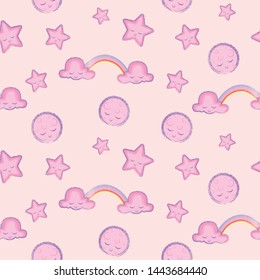 Moons Clouds Rainbows and Stars Cute Seamless Pattern, Cartoon Vector Illustration, Nursery Background for Kid - Vector