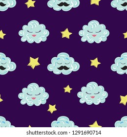Moons Clouds and Stars Cute Seamless Pattern, Cartoon Vector Illustration, Nursery Background for Textile and Print	
