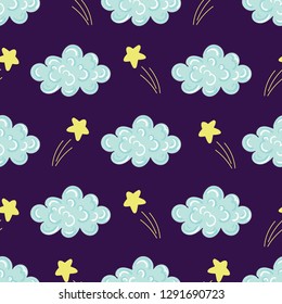Moons Clouds and Stars Cute Seamless Pattern, Cartoon Vector Illustration, Nursery Background for Textile and Print	