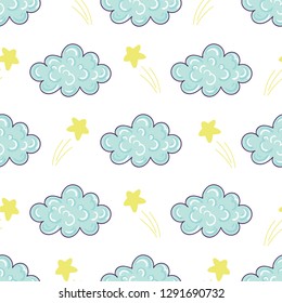 Moons Clouds and Stars Cute Seamless Pattern, Cartoon Vector Illustration, Nursery Background for Textile and Print	