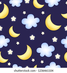 Moons on the blue sky with yellow stars and clouds. Seamless pattern. Vector illustration. Cartoon style