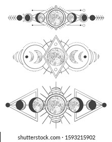 Moons phases in mystic sky. Mother moon, hand drawn pagan tattoo or sketch wicca moon goddess vector illustration set. Lunar phases monochrome drawings pack. Ancient astrology, occult symbols
