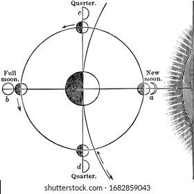 The moon's phases are not caused by the shadow of the Earth falling on the moon, vintage line drawing or engraving illustration.