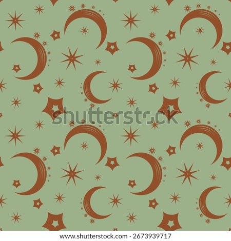 moons stars night starry sky seamless pattern illustration.Background repeat element vector flat style muted vintage palette color.Design for bedding set,print,textile,packaging, wallpaper,decorative.