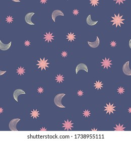 Moons and stars seamless vector bed time pattern. Simple childish surface print design. For fabrics, stationery, and packaging.