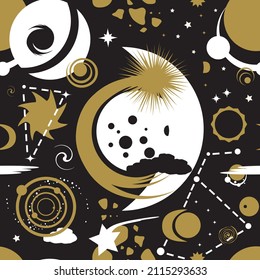 Moons, stars, sun, galaxy, constellation, eclipse, rings, Jupiter, hurricane, and asteroids in white and gold on a black background. Vector illustration. Seamless pattern. 