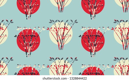 moons suns behind trees seamless pattern in retro shades
