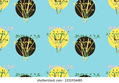 moons suns behind trees seamless pattern in blue yellow shades