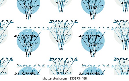 moons suns behind trees seamless pattern in blue and snow shades