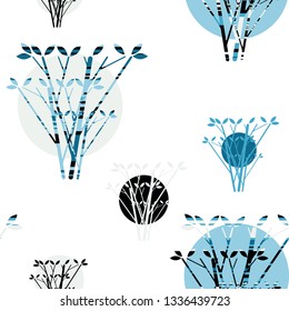 moons suns behind trees seamless motif in blue and snow shades