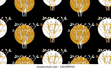 moons suns behind trees seamless pattern in gold and black shades