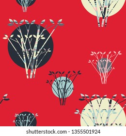 moons suns behind trees seamless motif in retro red ivory shades