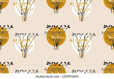 moons suns behind trees seamless pattern in gold and ivory shades 