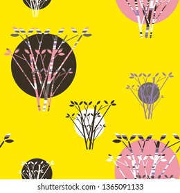 moons suns behind trees seamless motif in retro yellow pink shades