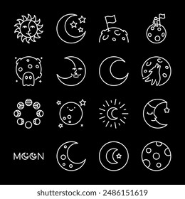 Moons, white line icons. Various representations of the moon. Perfect for astronomy and night-themed visuals. Symbols on black background. Editable stroke.