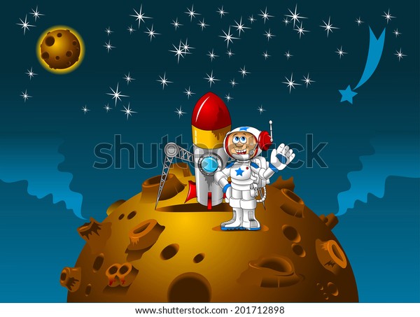 Moonscape\
with cartoon astronaut, vector and\
illustration