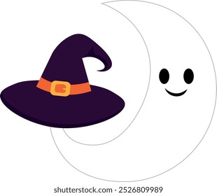 Moon-shaped ghost holding a witch's Halloween hat