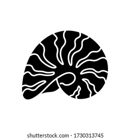 Moonshell black glyph icon. Common cockleshell, conchology silhouette symbol on white space. Naticarius canrena. Cephalopod shell, molluscan shell, spiral snail conch vector isolated illustrations