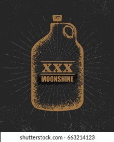 Moonshine Jug Pure Original Corn Spirit Creative Artisan Illustration. Raw Homemade Alcohol Creative Sign On Rough Distressed Background.