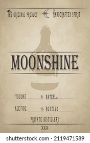 Moonshine kennzeichnen Vektorbild mit ethnischen Elementen. Handgefertigter Alkoholstifter. Angepasste Mondmarken auf dem alten Blatt. Hausgemachtes alkoholisches Vektorbild.