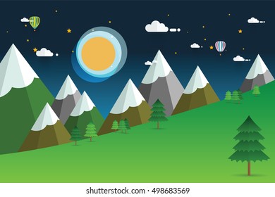 moonshine night in the mountains. Summer or spring landscape, vector background. Green meadows, pine forest, mountains and moon on blue sky. Flat style illustration of nature.