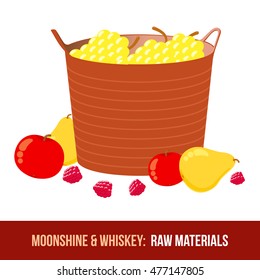 Moonshine and whiskey. Harvest raw materials - apples, pears, berries, basket with grapes. Vector flat Illustration. Isolated on a white background
