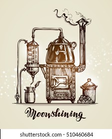 Moonshining. Vintage hooch sketch. Vector illustration