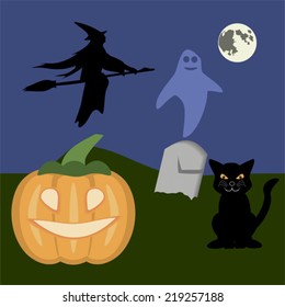 Moonshiny Halloween night with a pumpkin, black cat, flying witch and ghost