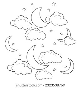 
Moon,star and clouds line art drawing outline style, kids drawing for nursery, Coloring Page weather doodle art, Muslim religion eid mubarak outline Vector illustration 
