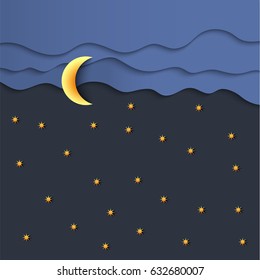 Moon,stars and clouds on night sky made from paper. Vector paper art style