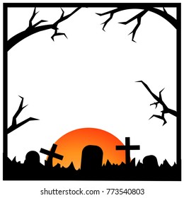 Moon,twigs, and grave. Spooky Halloween card. background Flat design. Vector illustration