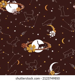 Moony black cat Constellation Floral moon Boho Halloween vector seamless pattern. Black pussycat silhouette among stars dark background. Esoteric galaxy night sky surface design.